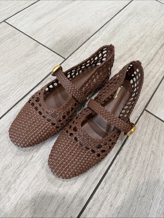 Larroude Shoes - Larroude Woven Mary Jane Flats in Brown with Gold Buckle